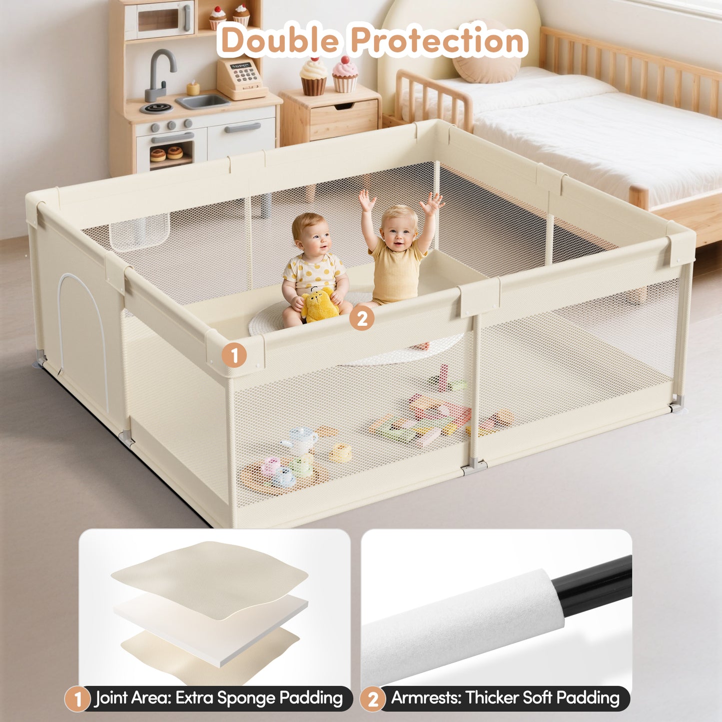 Mloong Large Baby Playpen for Toddler - 69×59in Babies Play Pen Playard Active Center Beige