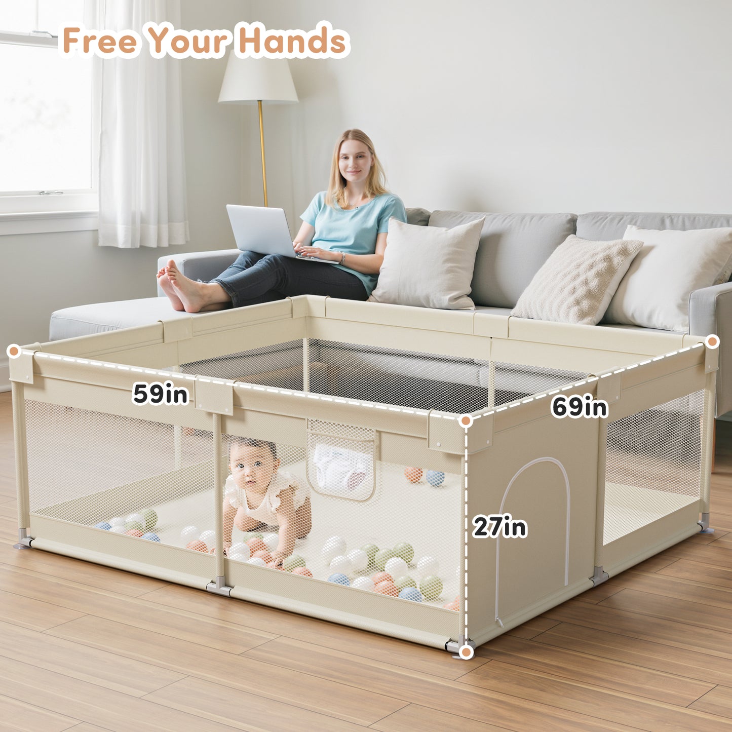 Mloong Large Baby Playpen for Toddler - 69×59in Babies Play Pen Playard Active Center Beige